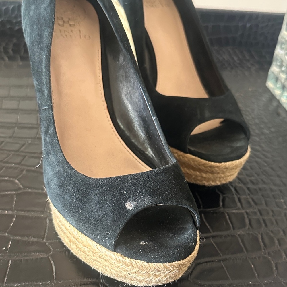 Vince Camuto Black Suede Peep-Toe Platforms